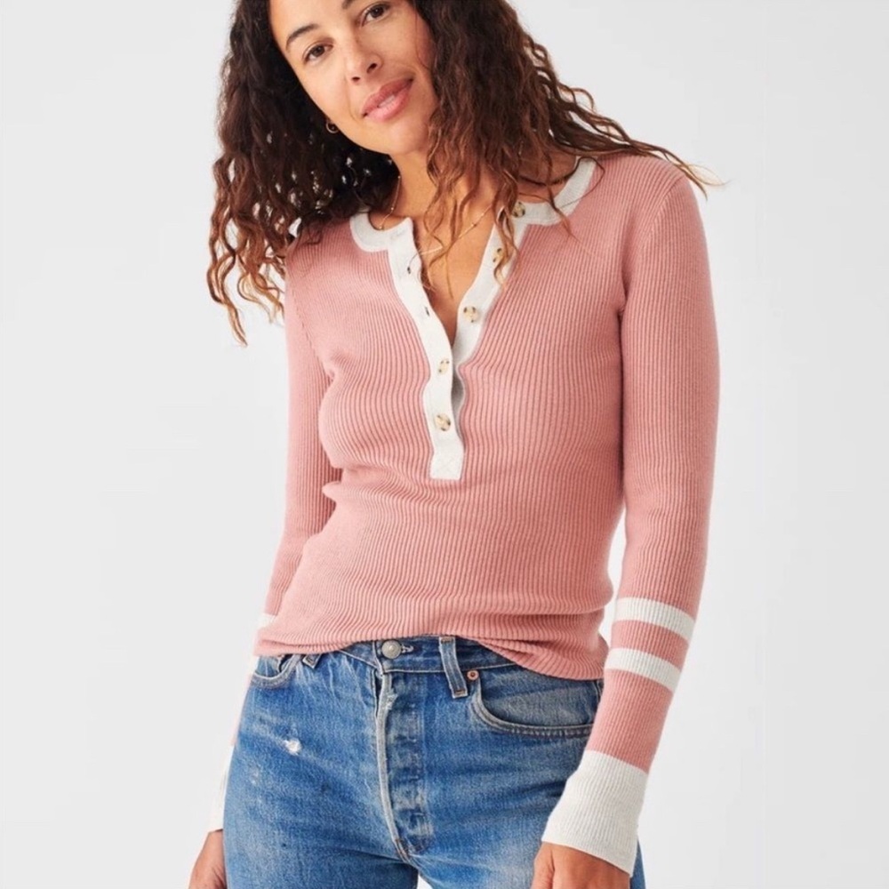 Faherty Mikki Y2K Pink and White Henley Cashmere Cotton Blend Size Small